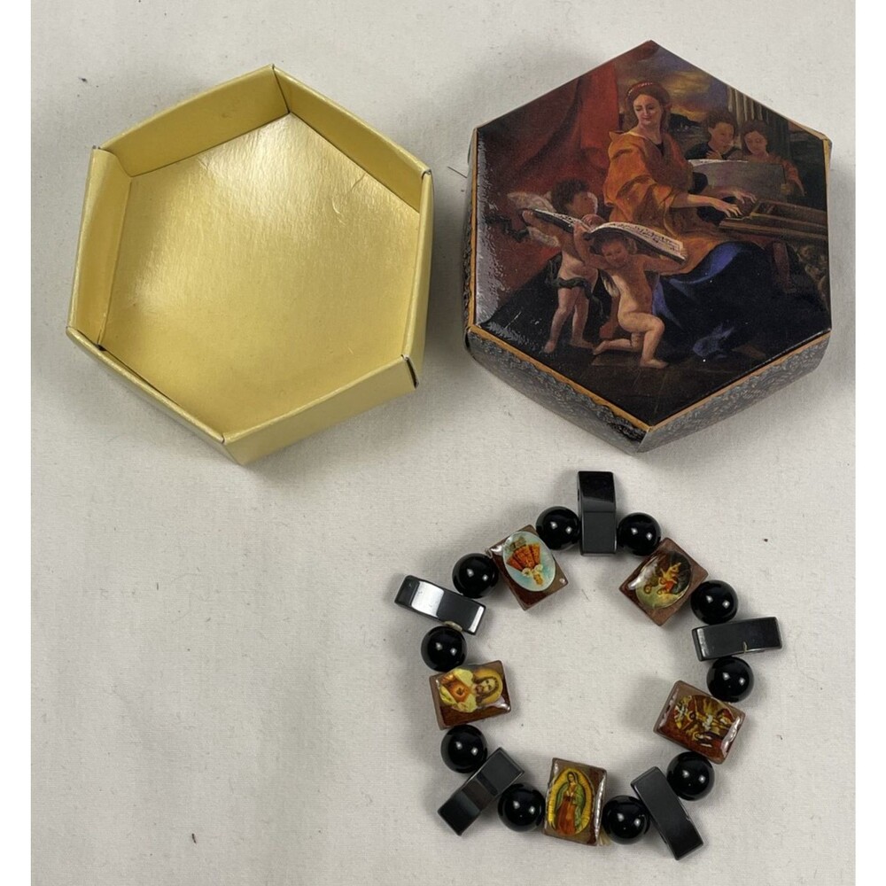 Religious Icon Stretch Bracelet Our Lady Guadalupe Jesus Saints Hex Box